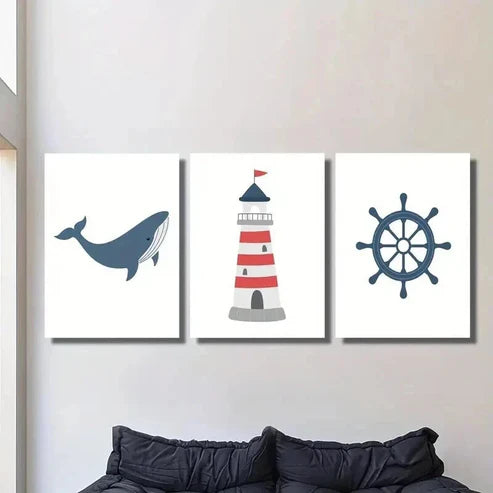 3pcs Navy Red Lighthouse Ship Steering & Whale Wall Art Canvas Unframed – High Quality Print 100% Australian Made Wall Canvas
