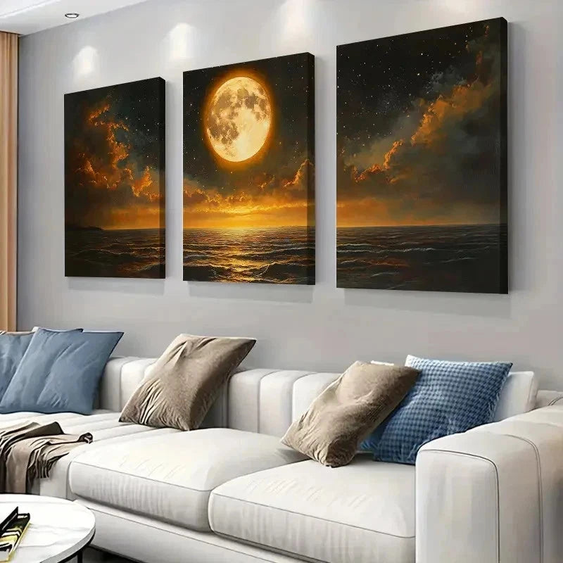 3pcs Stunning Moonlight Ocean Night Wall Art Set Canvas Framed 40x60cm - High Quality Print 100% Australian Made Wall Canvas Ready to Hang