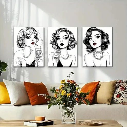 3pcs Vintage Glamour Fashionable Woman Perfect Wall Art Canvas Unframed - High Quality Print 100% Australian Made Wall Canvas