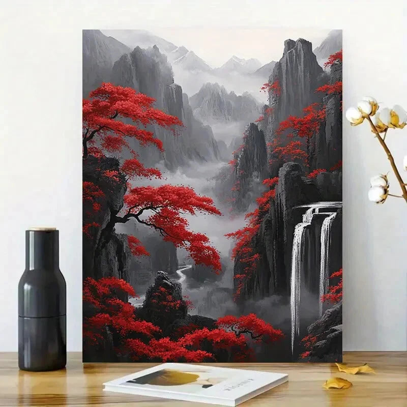 Vibrant Red Trees & Mountain Landscape Waterfall 40x60cm Metal Print Ready to Hang