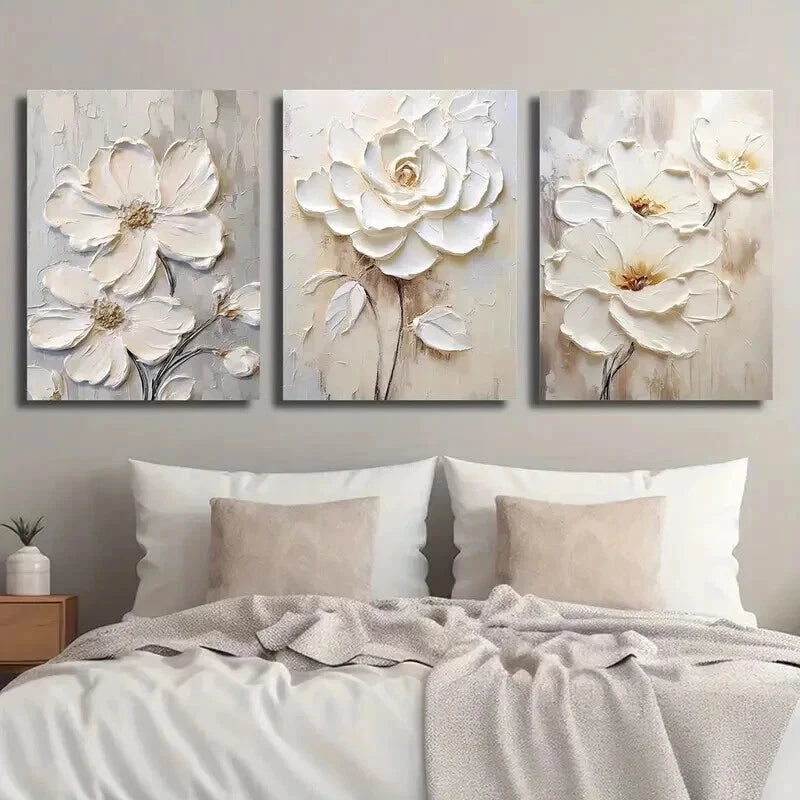 3pcs White Textured Flower Painting Wall Art Set Canvas Framed 60x90cm - High Quality Print 100% Australian Made Wall Canvas Ready to Hang