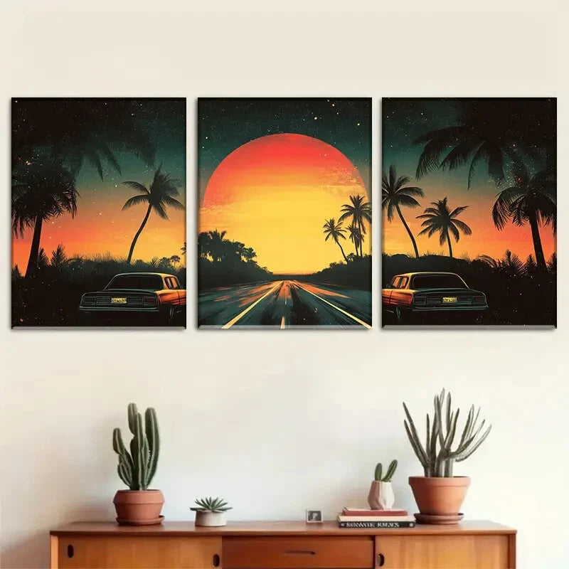3pcs Retro Sunset Road with Palm Trees Perfect Wall Art Set Canvas Framed 40x60cm - High Quality Print 100% Australian Made Wall Canvas Ready to Hang