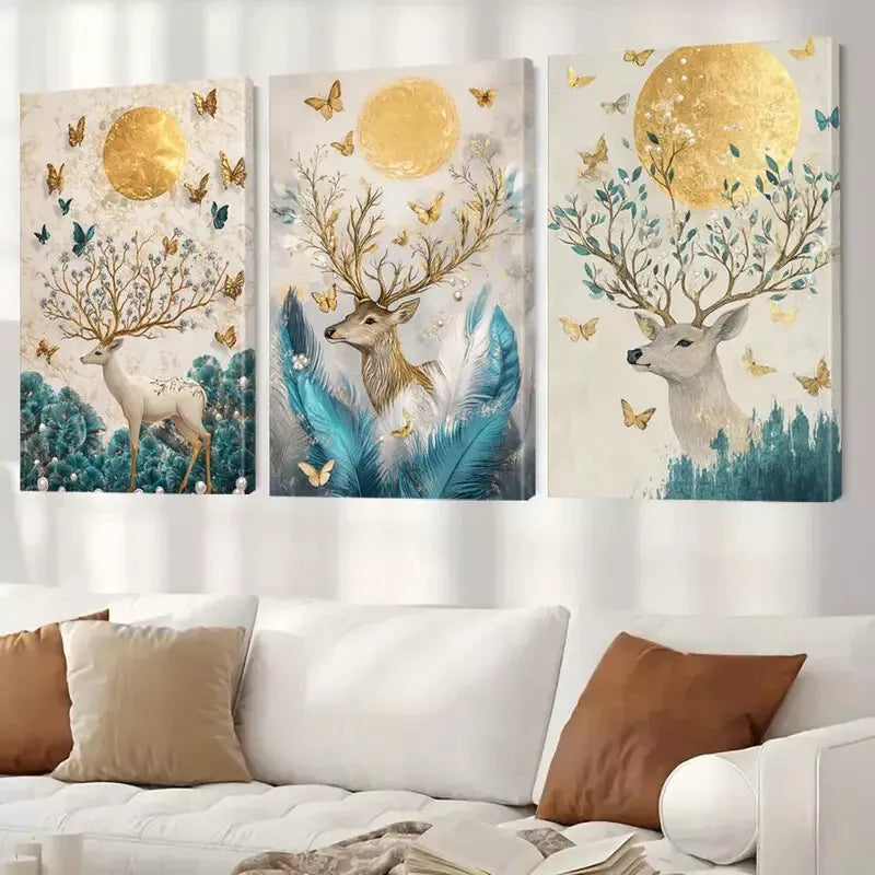 3pcs Deer and Golden Classic Retro Minimalist Wall Art Set Canvas Framed 50x70cm - High Quality Print 100% Australian Made Wall Canvas Ready to Hang