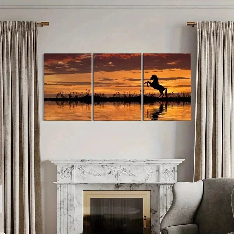 3pcs Animal Art Painting Horse At Sunset Wall Art Set Canvas Framed 40x60cm - High Quality Print 100% Australian Made Wall Canvas Ready to Hang