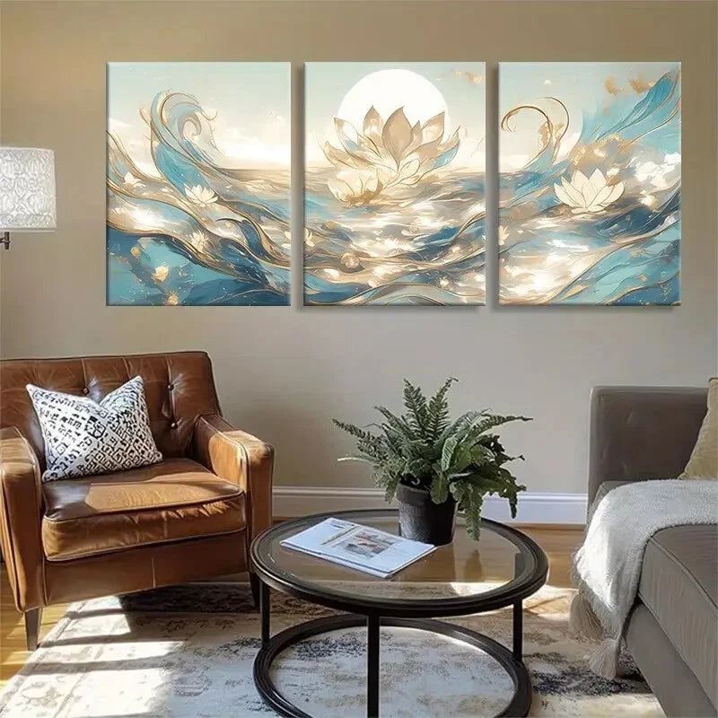 3pcs Elegant Soft Blue and Golden Tones Perfect Wall Art Set Canvas Framed 40x60cm - High Quality Print 100% Australian Made Wall Canvas Ready to Hang
