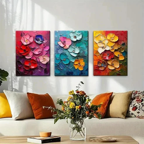 3pcs Vibrant Multi-Color Blossoms with Textured Art Set Canvas Unframed - High Quality Print 100% Australian Made Wall Canvas
