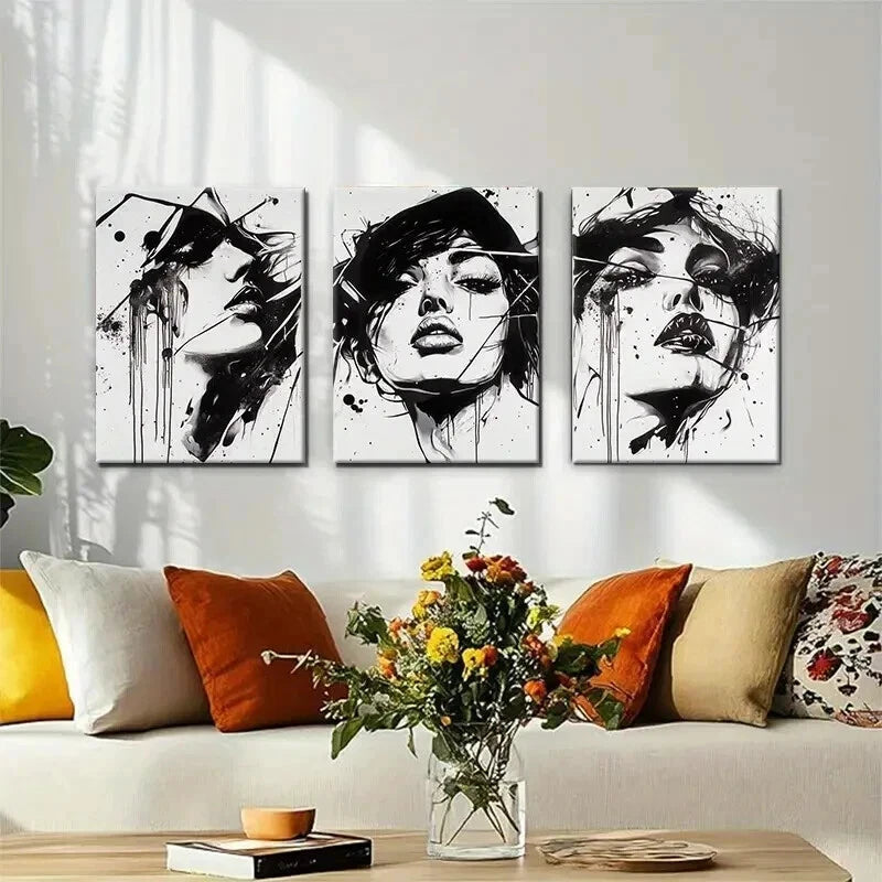 3pcs White Black Abstract Woman Stylish Perfect Wall Art Set Canvas Framed 40x60cm - High Quality Print 100% Australian Made Wall Canvas Ready to Hang