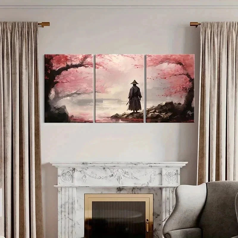 3pcs Japanese Style Sakura Tree & Samurai Wall Art Set Canvas Framed 40x60cm - High Quality Print 100% Australian Made Wall Canvas Ready to Hang