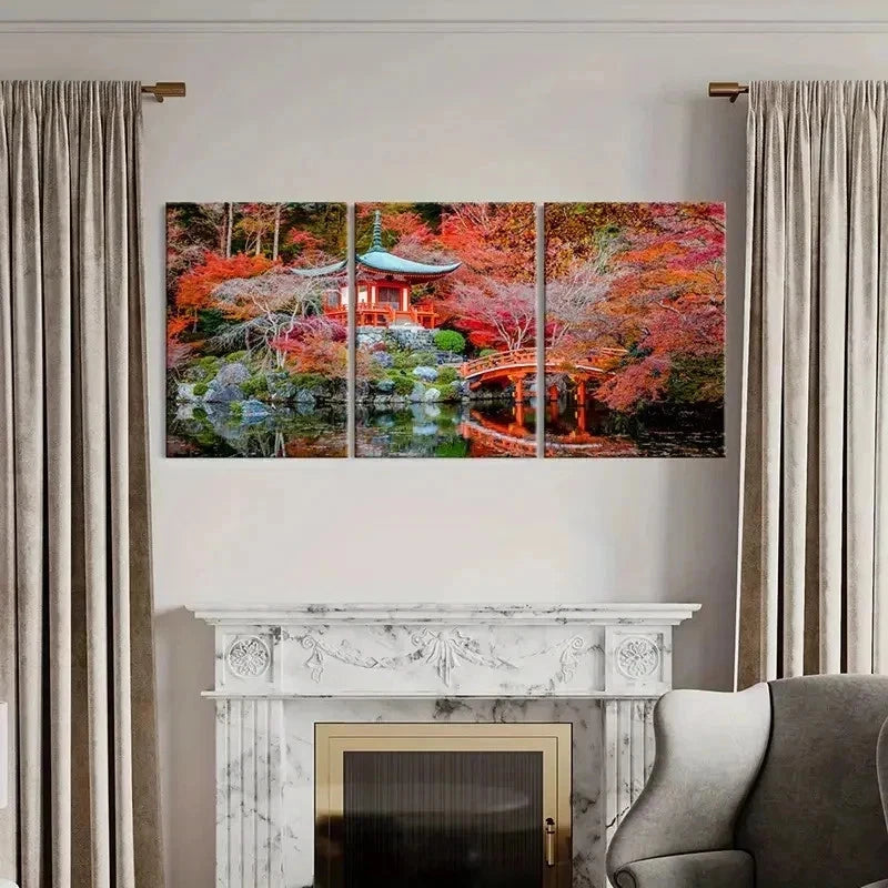 3pcs Kyoto Daigoji Temple Red Maple Leaves Wall Art Set Canvas Framed 40x60cm - High Quality Print 100% Australian Made Wall Canvas Ready to Hang