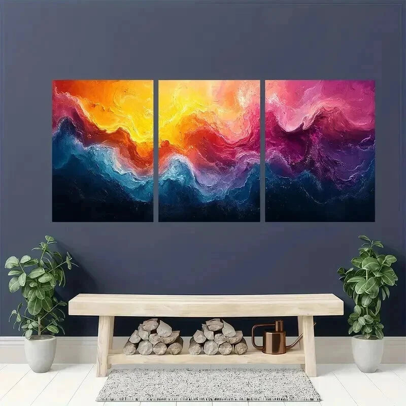 3pcs Swirls in Yellow Orange Pink Purple & Blue Wall Art Set Canvas Framed 40x60cm - High Quality Print 100% Australian Made Wall Canvas Ready to Hang