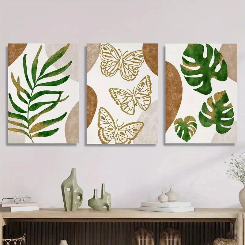 3pcs Modern Botanical & Butterfly Metal Print Ready to Hang Art