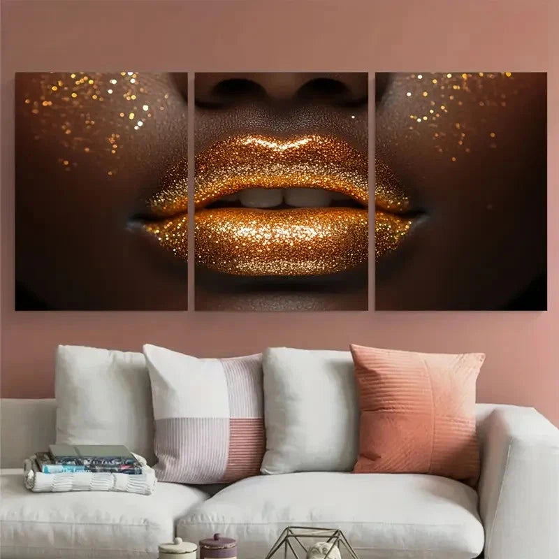 3pcs Woman In Golden Sparkles Lips Décor Perfect Wall Art Set Canvas Framed 40x60cm - High Quality Print 100% Australian Made Wall Canvas Ready to Hang