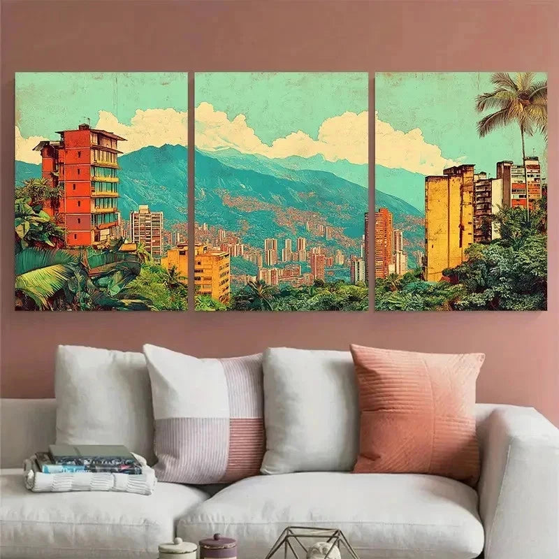 3pcs Vintage Medellin Colombia Perfect Wall Art Set Canvas Framed 60x90cm - High Quality Print 100% Australian Made Wall Canvas Ready to Hang