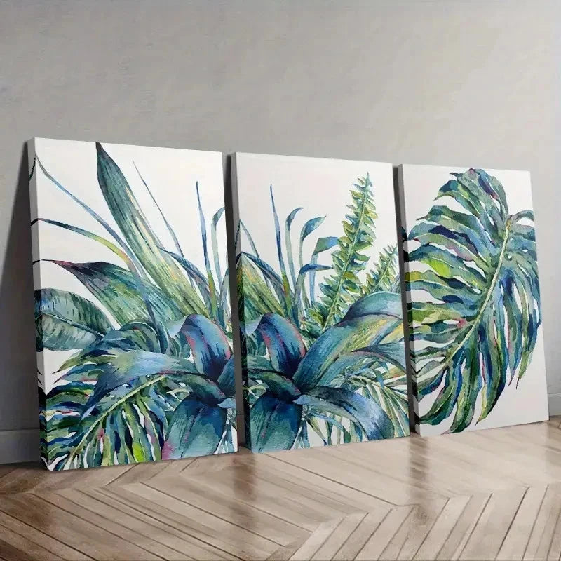 3pcs Modern Tropical Green Leaf Wall Art Set Canvas Framed 50x70cm - High Quality Print 100% Australian Made Wall Canvas Ready to Hang