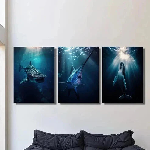 3pcs Whale Shark Swordfish Blue Whale Aquatic Wall Art Set Canvas Unframed - High Quality Print 100% Australian Made Wall Canvas