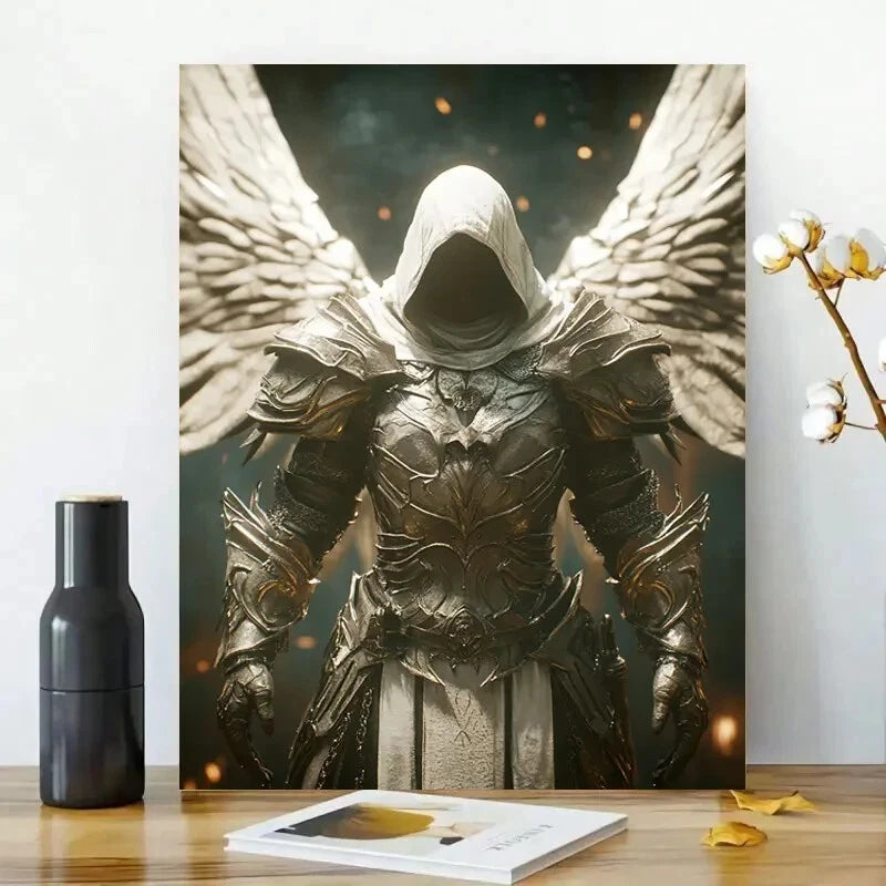 Cinematic Shot Of A White-Hooded Angel Warrior Wearing 40x60cm Metal Print Ready to Hang