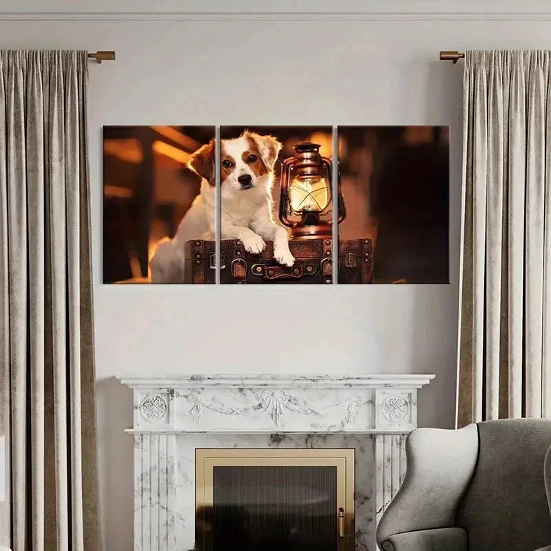 3pcs Puppy Lying On Suitcase & Kerosene Lamp Wall Art Set Canvas Framed 40x60cm - High Quality Print 100% Australian Made Wall Canvas Ready to Hang