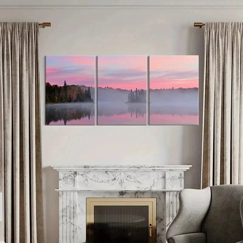 3pcs Lake Misty Forest Pink Sky Sunrise Wall Art Set Canvas Framed 40x60cm - High Quality Print 100% Australian Made Wall Canvas Ready to Hang