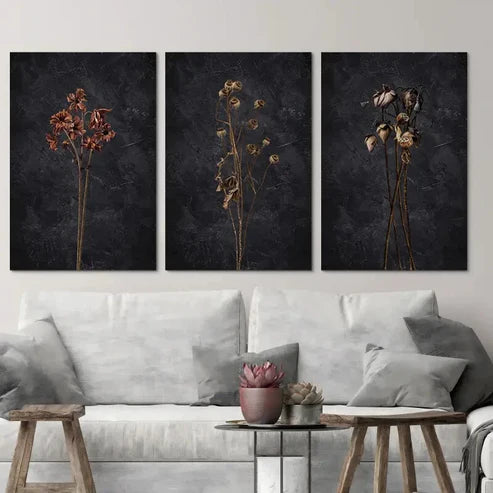 3pcs Dark Dried Wildflower Floral Botanical Wall Art Set Canvas Unframed - High Quality Print 100% Australian Made Wall Canvas