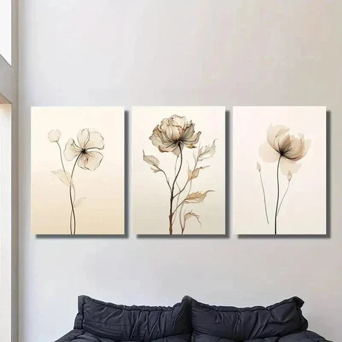 3pcs Retro Beige Floral Illustration Wall Art Canvas Unframed - High Quality Print 100% Australian Made Wall Canvas