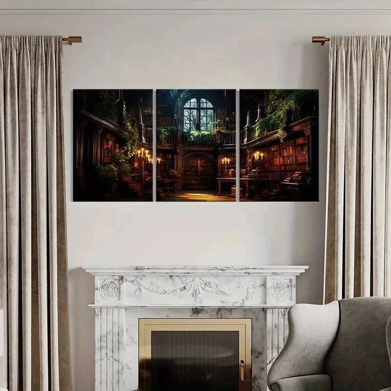 3pcs Gothic Library Bookshelves & Candles Wall Art Set Canvas Framed 40x60cm - High Quality Print 100% Australian Made Wall Canvas Ready to Hang