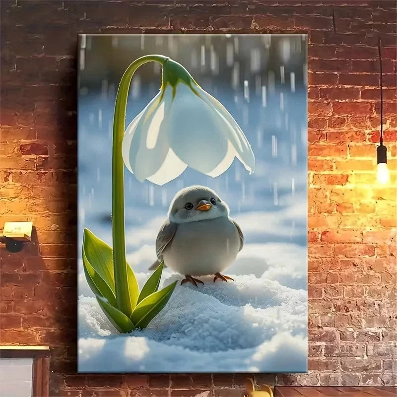 Serene Snowdrop & Bird Nature Metal Print Ready to Hang