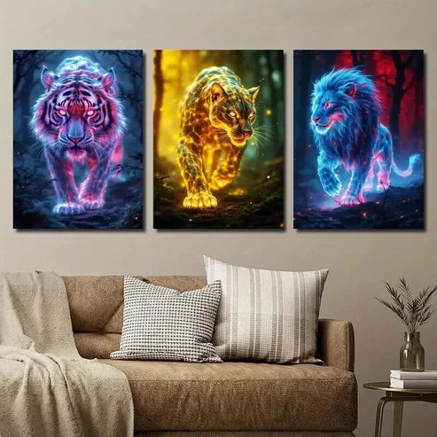 3pcs Glowing Wild Animal Tiger Cheetah and Lion Wall Art Set Canvas Unframed - High Quality Print 100% Australian Made Wall Canvas