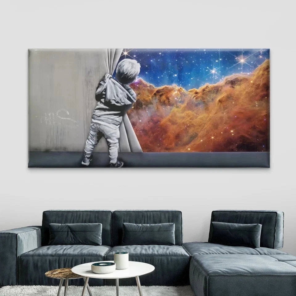 Child Gazing into Galaxy Wall Art Canvas Office Home Room Framed 120x60cm