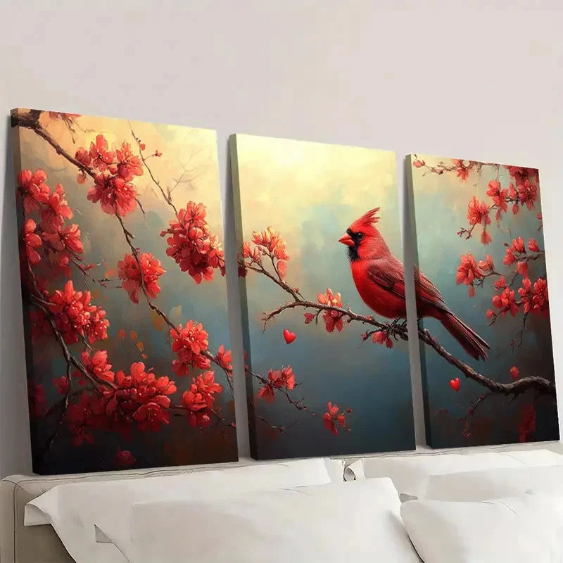 3pcs Vibrant Cardinal & Cherry Blossom Wall Art Set Canvas Framed 60x90cm - High Quality Print 100% Australian Made Wall Canvas Ready to Hang