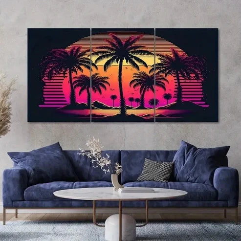 3pcs Tropical Sunset Palm Trees Synthwave Wall Art Canvas Unframed - High Quality Print 100% Australian Made Wall Canvas