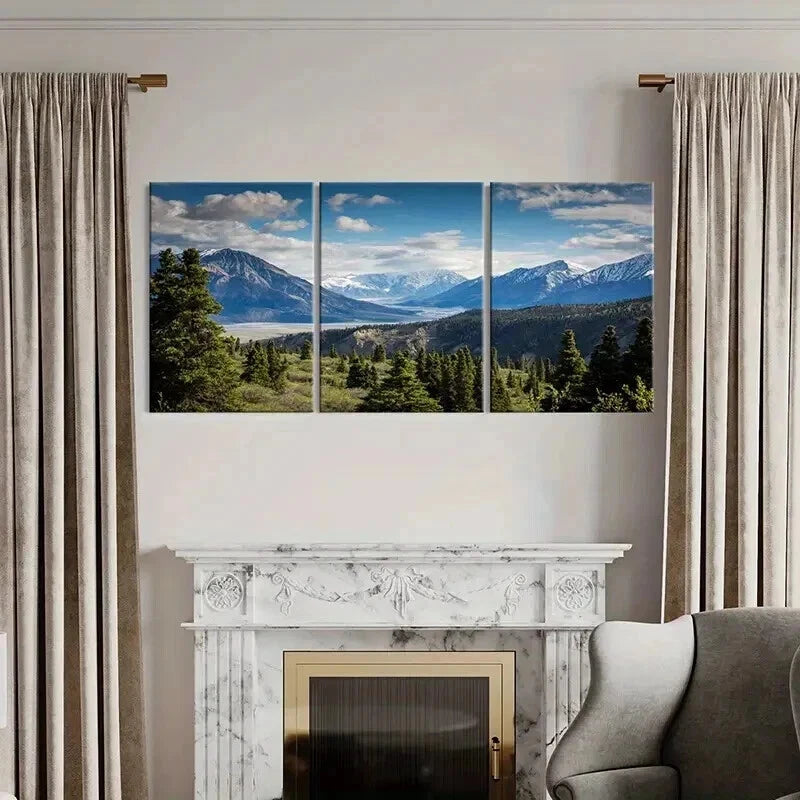 3pcs Mountains Trees and Blue Sky with Clouds Wall Art Set Canvas Framed 40x60cm - High Quality Print 100% Australian Made Wall Canvas Ready to Hang