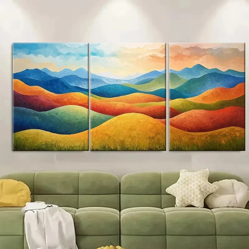 3pcs Vibrant Rolling Hill Mountain Painting Wall Art Set Canvas Framed 60x90cm - High Quality Print 100% Australian Made Wall Canvas Ready to Hang