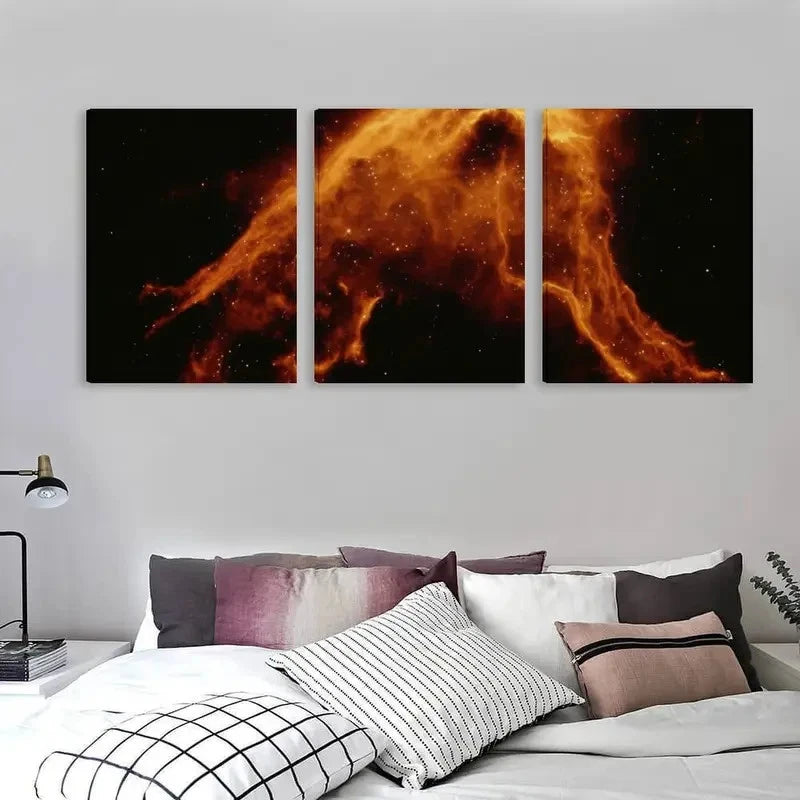3pcs Orange Glowing Nebula in the Shape Wall Art Set Canvas Framed 60x90cm - High Quality Print 100% Australian Made Wall Canvas Ready to Hang
