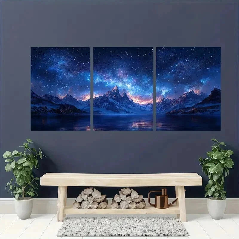 3pcs Snow Mountain Starry Sky Decor Wall Art Set Canvas Framed 40x60cm - High Quality Print 100% Australian Made Wall Canvas Ready to Hang