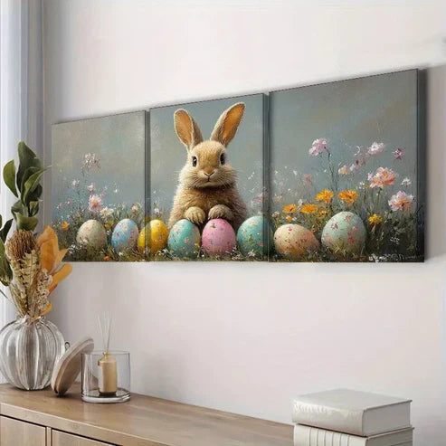 3pcs Adorable Easter Bunny with Eggs Wall Art Set Canvas Framed 60x90cm - High Quality Print 100% Australian Made Wall Canvas Ready to Hang
