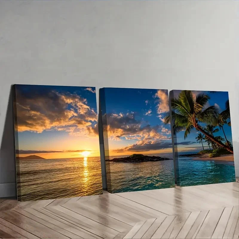 3pcs Sunset Over The Ocean with Palm Wall Art Set Canvas Framed 50x70cm - High Quality Print 100% Australian Made Wall Canvas Ready to Hang
