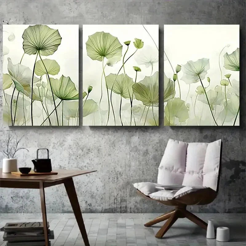 3pcs Serene Green for Lotus Leaf Abstract Wall Art Set Canvas Framed 40x60cm - High Quality Print 100% Australian Made Wall Canvas Ready to Hang