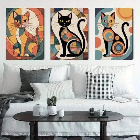 3pcs Abstract Cat Geometric Shapes, Color Block Wall Art Canvas Unframed - High Quality Print 100% Australian Made Wall Canvas