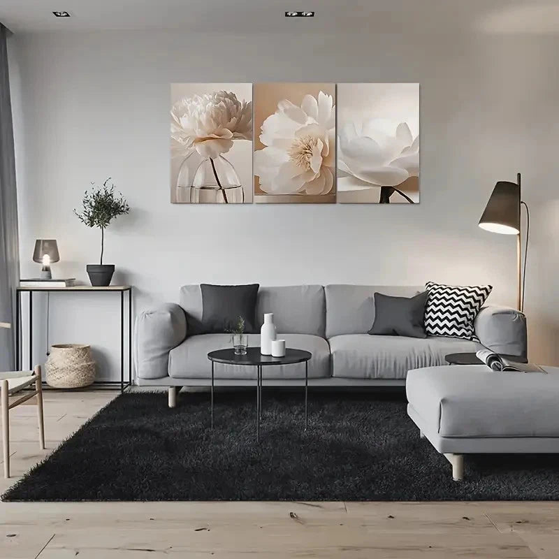 3pcs Modern Minimalist White Peony Flower Wall Art Set Canvas Framed 40x60cm - High Quality Print 100% Australian Made Wall Canvas Ready to Hang