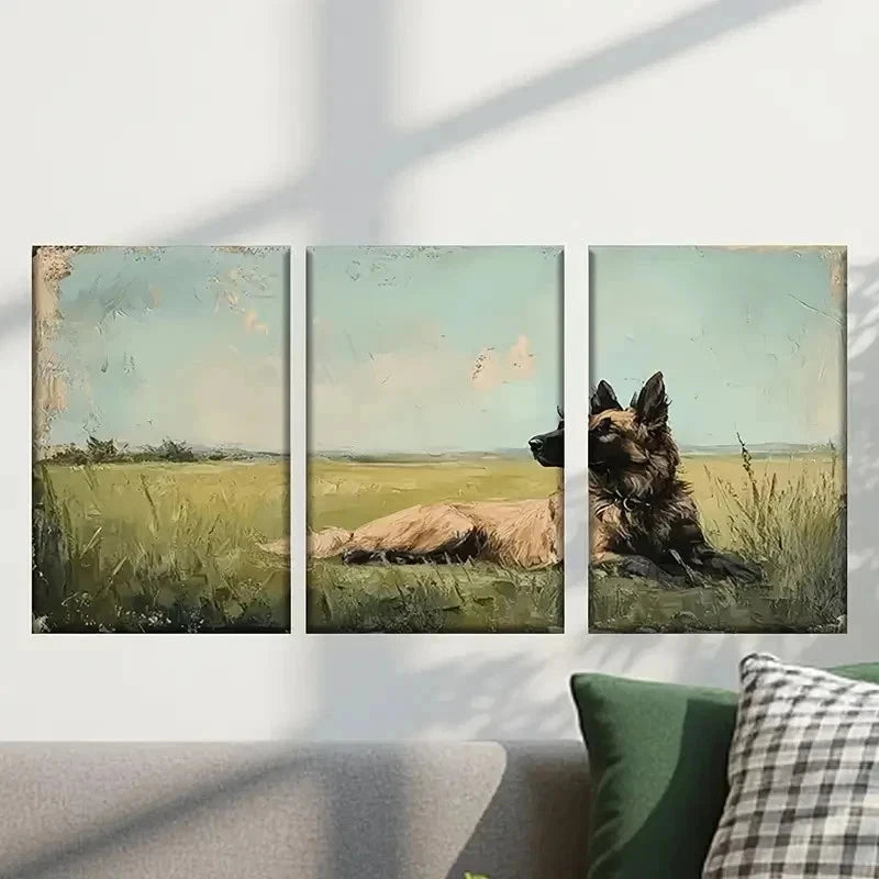 3pcs Painting of a Dog Laying in a Field Wall Art Set Canvas Framed 40x60cm - High Quality Print 100% Australian Made Wall Canvas Ready to Hang