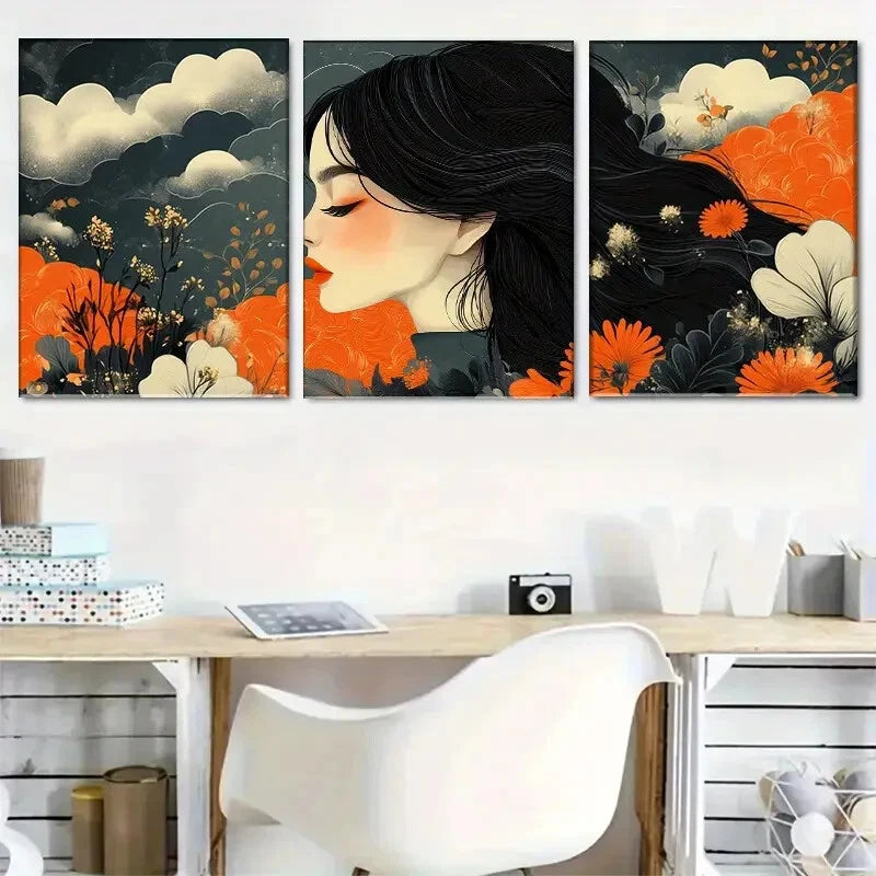 3pcs Vibrant Orange & White Floral Perfect Wall Art Set Canvas Framed 40x60cm - High Quality Print 100% Australian Made Wall Canvas Ready to Hang