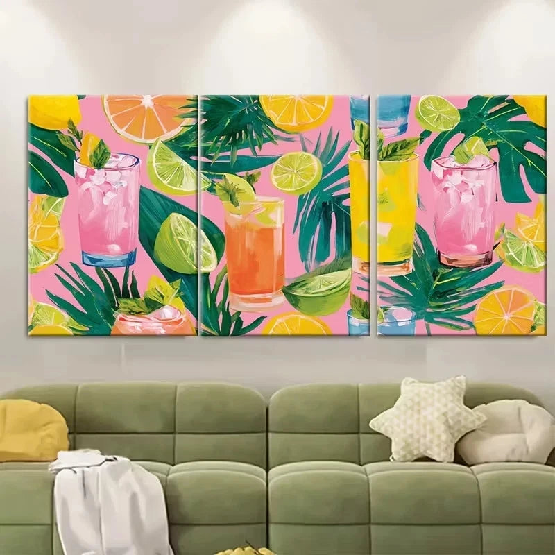 3pcs Summer Bar Cart Art Print, Pink Coconut Wall Art Set Canvas Framed 40x60cm - High Quality Print 100% Australian Made Wall Canvas Ready to Hang