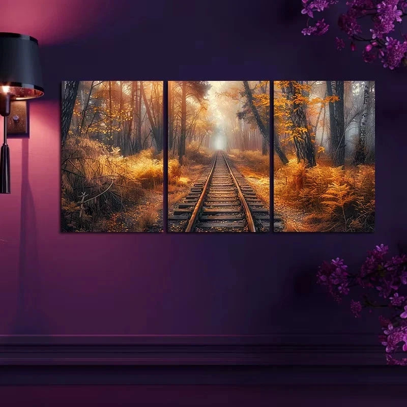 3pcs Autumn Forest Old Broken Railroad Track Metal Print Ready to Hang Art