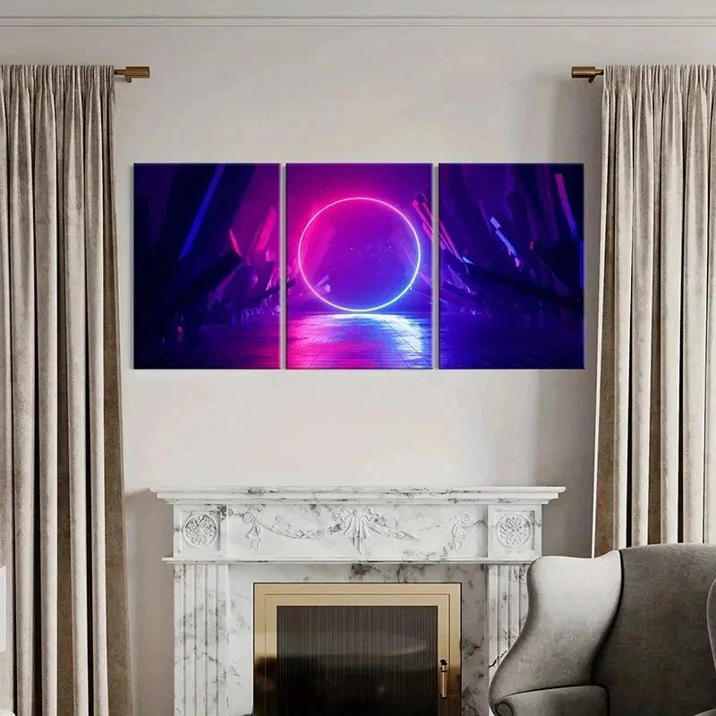 3pcs Neon Sci-fi Circle Fantasy Landscape Wall Art Set Canvas Framed 40x60cm - High Quality Print 100% Australian Made Wall Canvas Ready to Hang