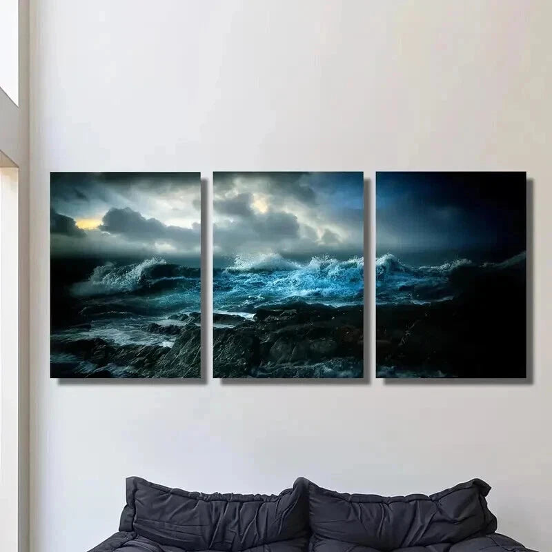 3pcs Amazing Deep Ocean Waves at Night Wall Art Set Canvas Framed 40x60cm - High Quality Print 100% Australian Made Wall Canvas Ready to Hang