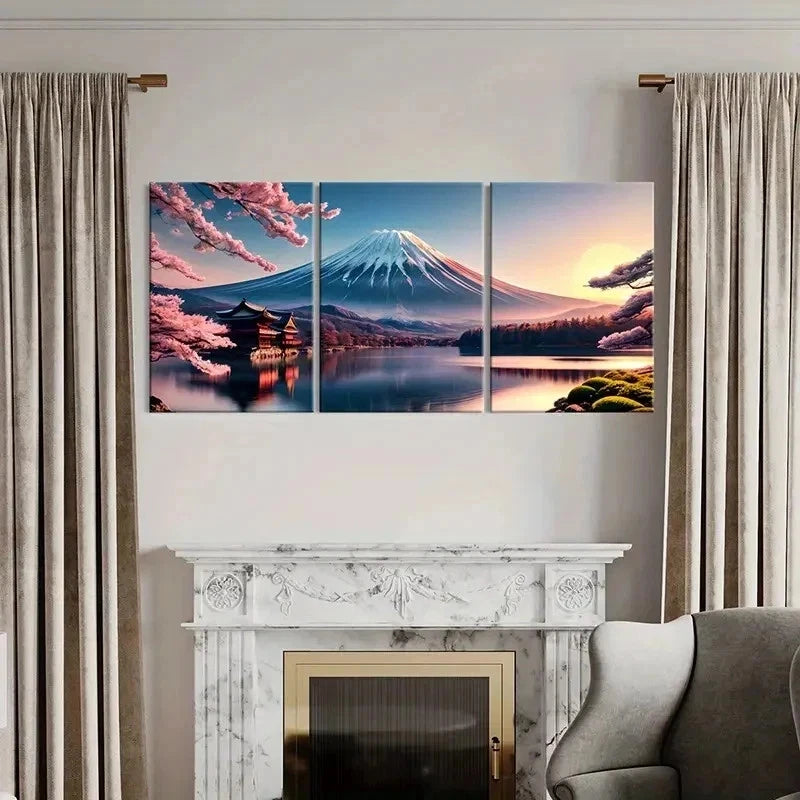 3pcs Mount Fuji and Sakura Lake Modern Wall Art Set Canvas Framed 40x60cm - High Quality Print 100% Australian Made Wall Canvas Ready to Hang