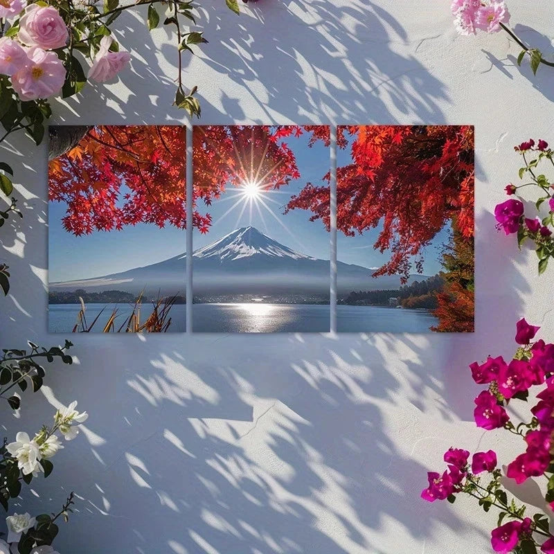 3pcs Mount Fuji with Red Maple Leaves Metal Print Ready to Hang Art