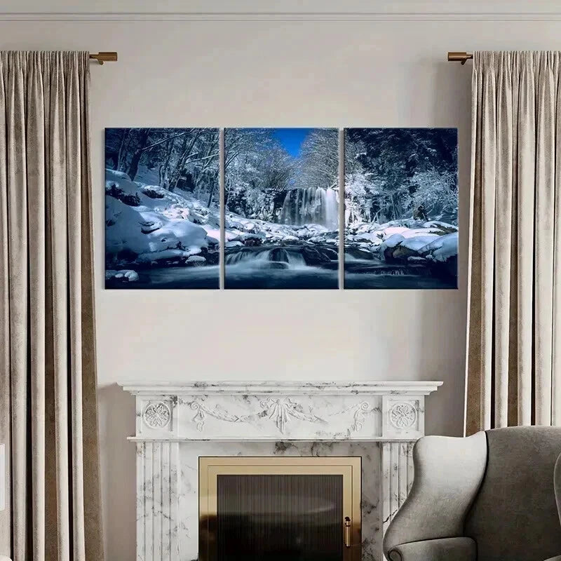 3pcs Winter Snow Scene Waterfall Modern Wall Art Set Canvas Framed 40x60cm - High Quality Print 100% Australian Made Wall Canvas Ready to Hang