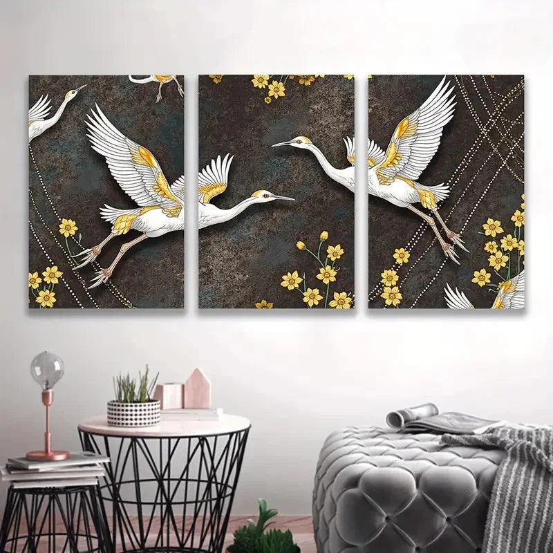 3pcs Elegant Cranes Flight with Golden Accents Wall Art Set Canvas Framed 60x90cm - High Quality Print 100% Australian Made Wall Canvas Ready to Hang