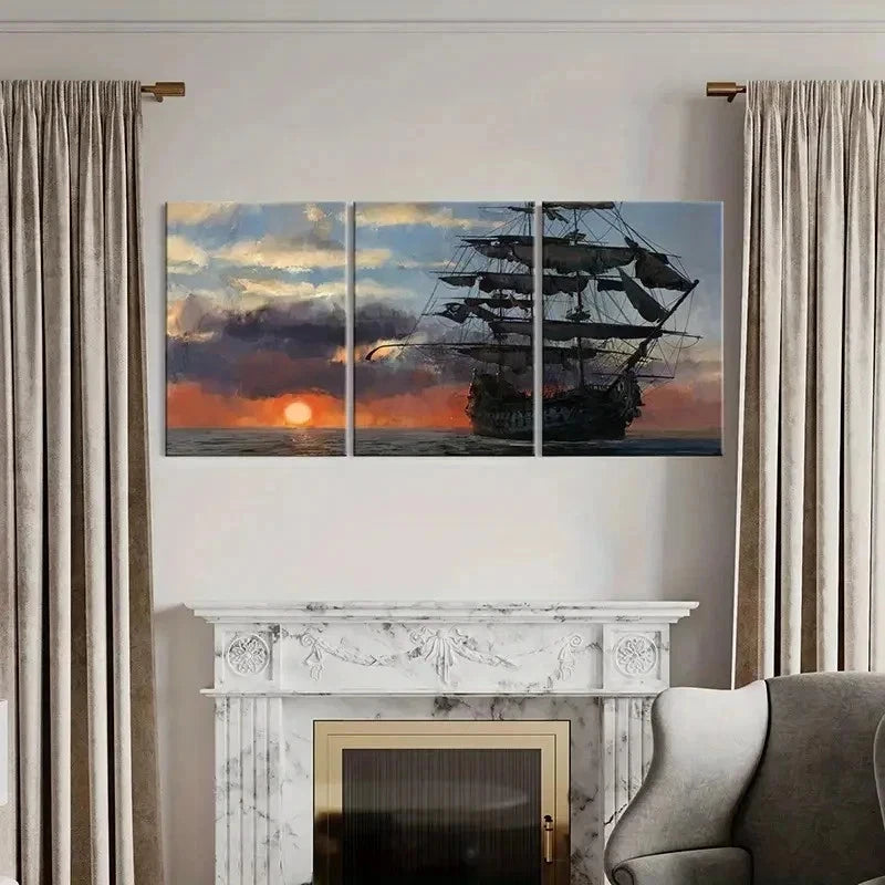 3pcs Vintage Nautical Pirate Ship in Sunset Wall Art Set Canvas Framed 40x60cm - High Quality Print 100% Australian Made Wall Canvas Ready to Hang